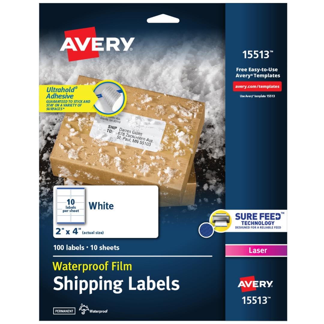 Avery Waterproof Printable Shipping Labels with Sure Feed, 2" x 4", White, 100 Blank Mailing Labels (15513)
