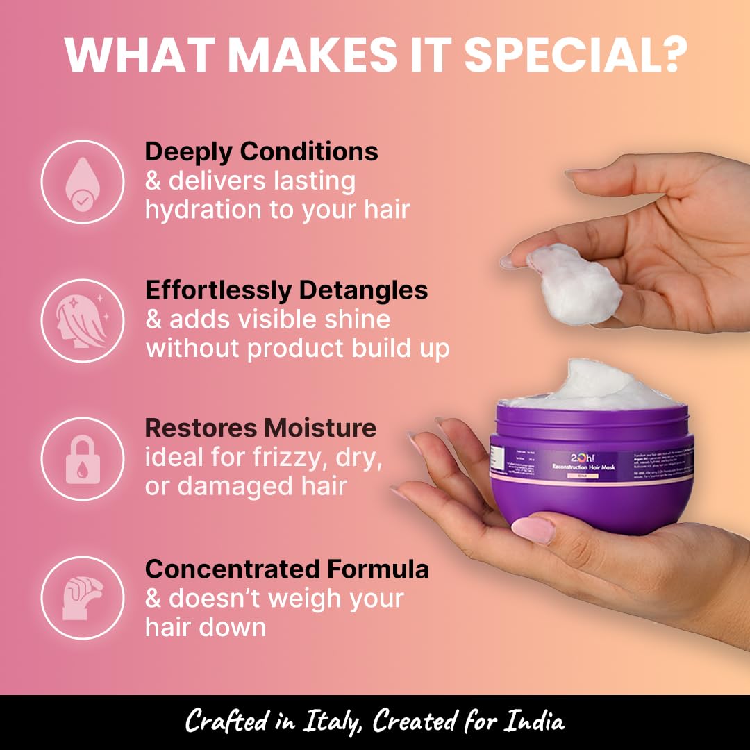 2.Oh! Italian Reconstruction Hair Mask for Frizzy Hair | Hair Mask for Damaged Hair with Deep Conditioning Concentrate | Repair Mask for Dry Hair | Argan Oil Hair Spa Cream for Women and Men