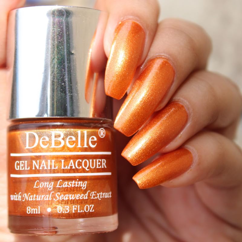 DeBelle Gel Nail Polish Aurora (Amber with Copper Glitter Nail Paint)|Non UV - Gel Finish |Chip Resistant | Seaweed Enriched Formula| Long Lasting|Cruelty and Toxic Free| 8ml