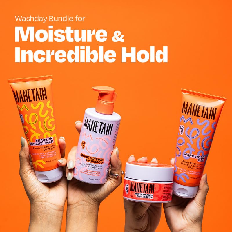 MANETAIN Washday Hold Bundle Full Size - Complete Curly Hair Care Set | Moisturizing Shampoo 237ml | Multipurpose Conditioner 200gm | Leave-In Conditioner 200ml and Hard Hold Gel 200ml