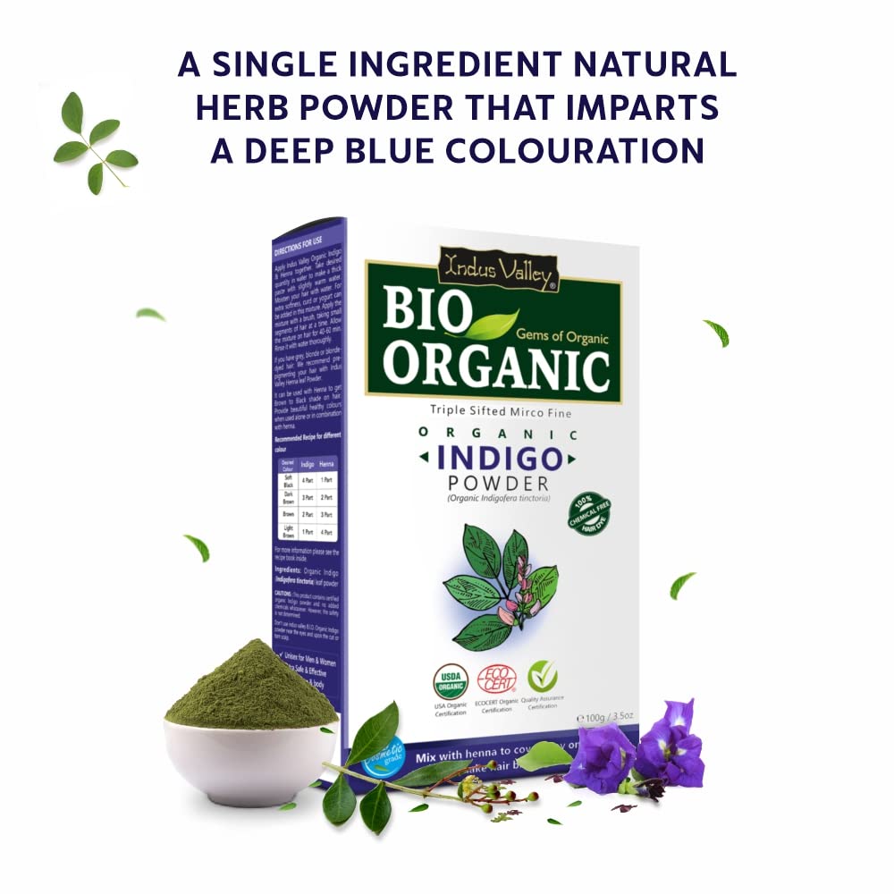 INDUS VALLEY Bio Organic Natural and Pure Indigo Powder | Indigofera tinctoria, Herbal Henna Powder with Amla Powder | Indian Gooseberry for Hair care - (100g*3=300g) Combo