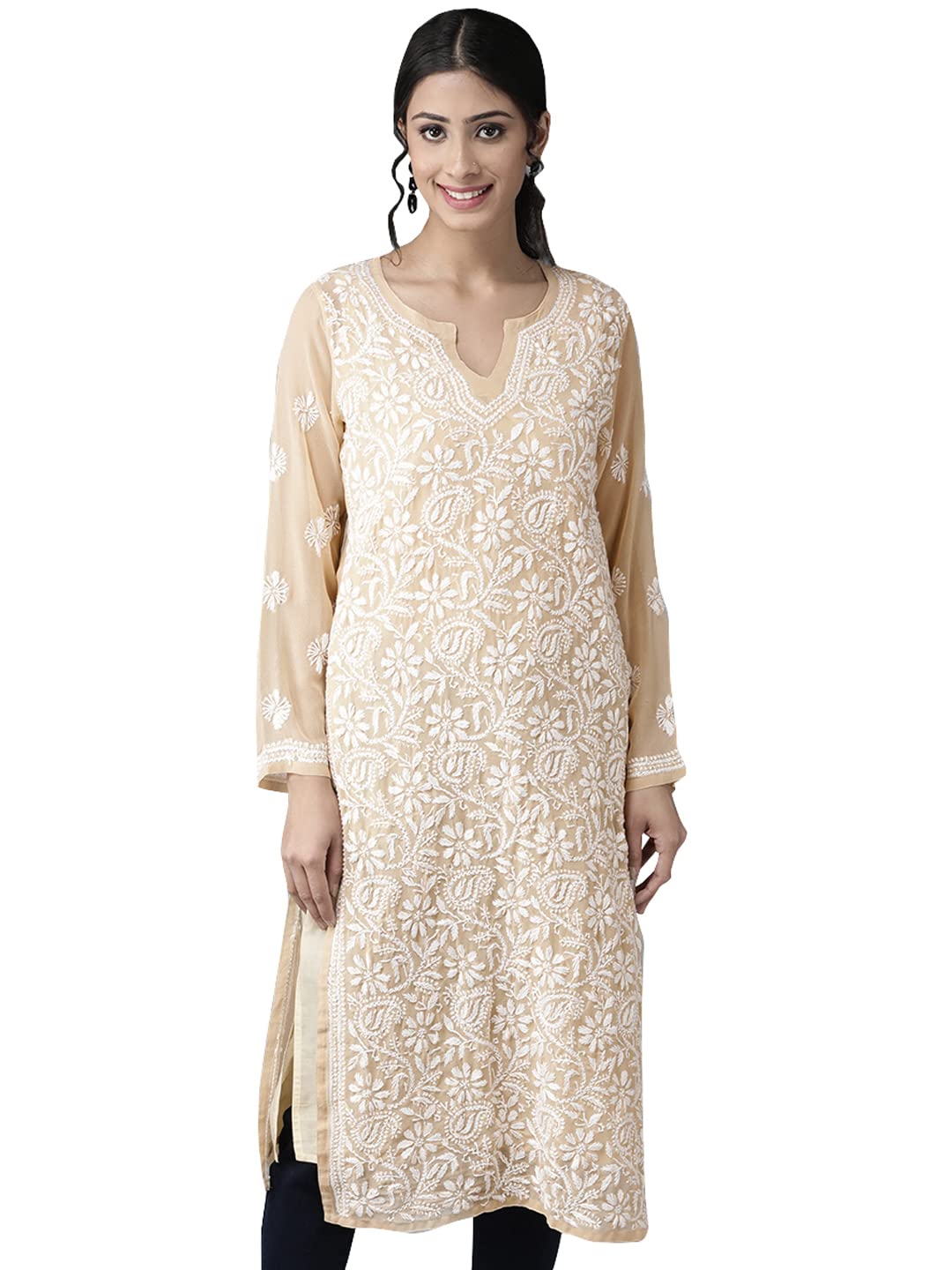 Ada Lucknowi Hand Embroidered Traditional Chikankari Georgette Kurta Kurti with Slip for Women