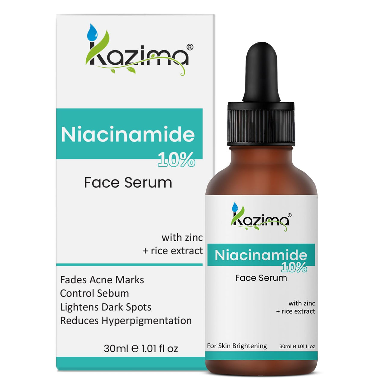 KAZIMA 10% Niacinamide Face Serum for Acne Marks and Dark Spots, with Zinc and Rice Extract | Fades Blemishes, Reduces Hyperpigmentation & Balances Oil | Niacinamide Serum for Oily Skin | 30 ml