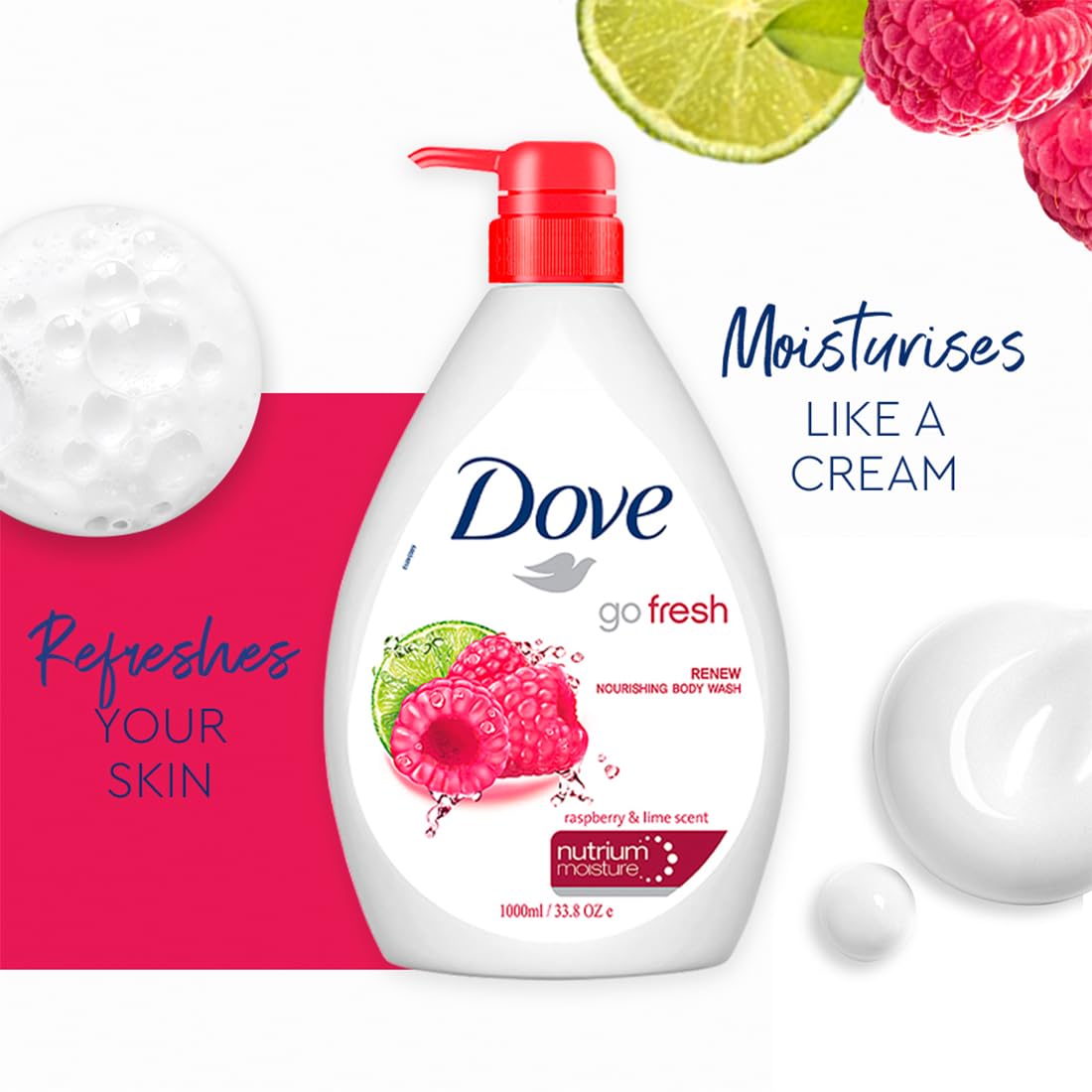 Dove Renewing Raspberry Body Wash with Lime for Renewed Skin, Refreshing Scent, 1L
