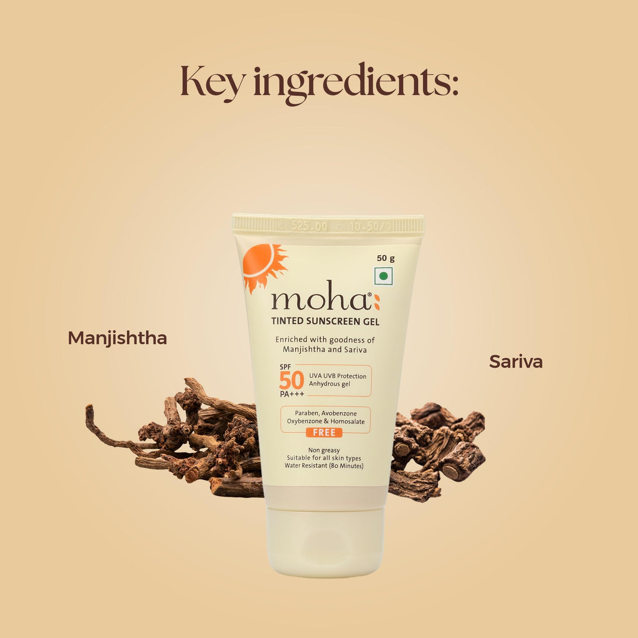 moha: Tinted Sunscreen Gel SPF 50 +++ | Matte, Oil-Free, Water-Resistant & Lightweight | No White Cast, Broad Spectrum Protection (50g)