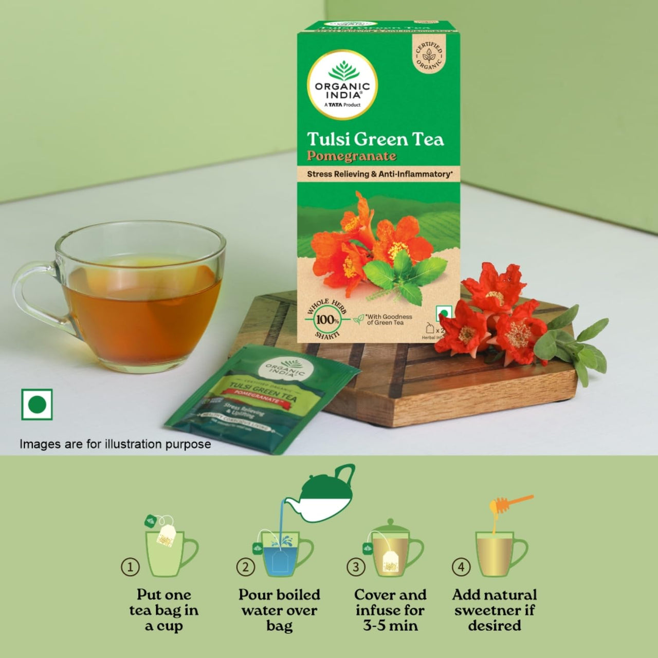 A TATA Product - Organic India Tulsi Green Tea Pomegranate - 25 Tea Bags, Certified Organic, Stress Relief, Rich in Antioxidant, Tulsi & Pomegranate Infusion