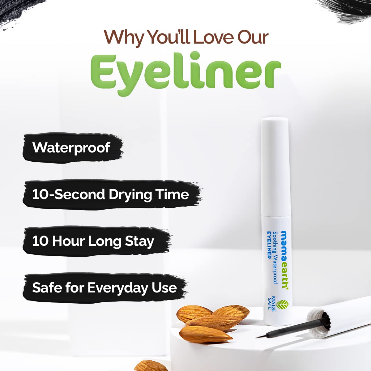 Mamaearth Soothing Waterproof Glossy Finish Liquid Eyeliner With Almond & Castor Oil For 10 Hr Long Stay - 3.5 Ml, Black