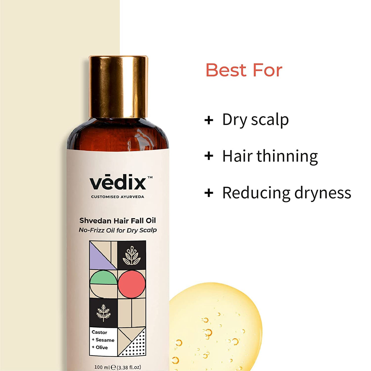 Vedix Customised Ayurvedic Hair Fall Oil | Vedix Shvedan Hair Fall Oil | For Dry Scalp | With Castor + Sesame + Olive | For Reducing Hair Fall | For Hair Growth | -100ml