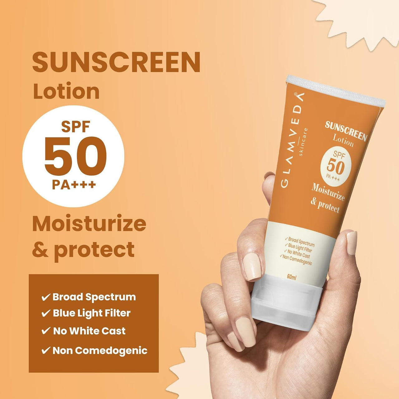 Glamveda Hybrid Sunscreen Lotion Spf 50 PA+++ for Moisturize & Protect | Transparent & Ultra-lightweight Sunscreen | Non-Greasy, Quick-Absorbing | Zero White Cast | For Women & Men | 60ml