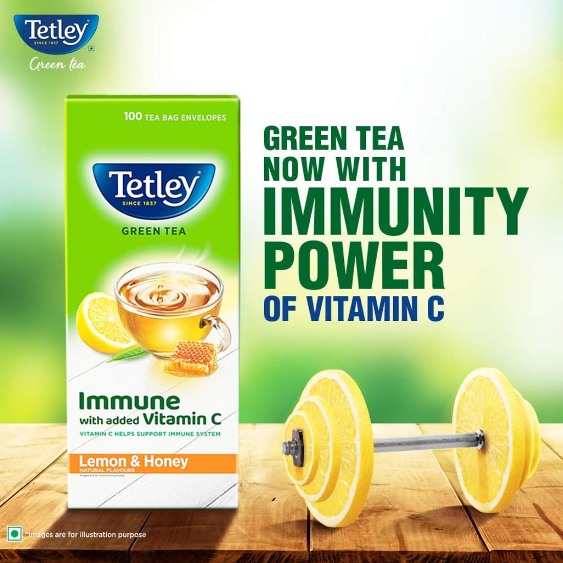 Tetley Green Tea, Lemon And Honey, 100 Tea Bags, 140 Grams