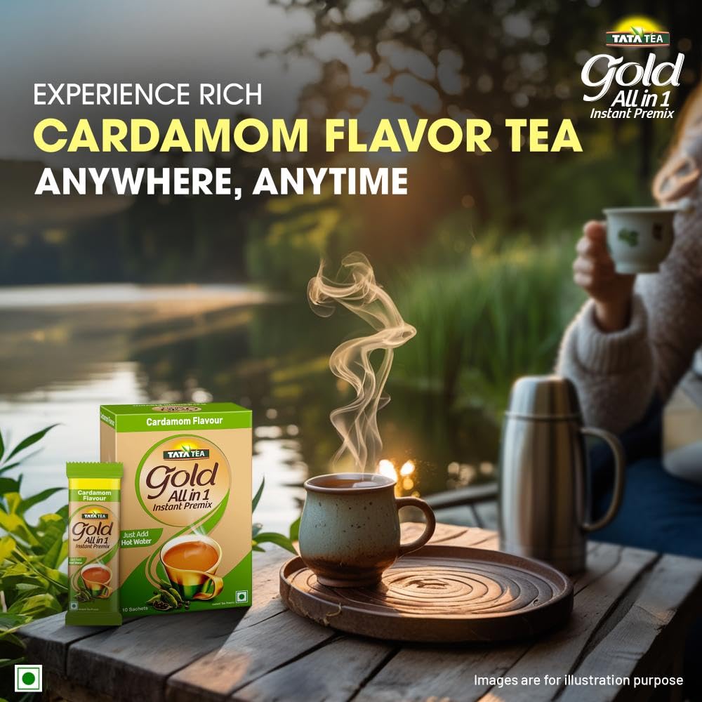 Tata Tea Gold All-in-1 Instant Premix Cardamom Tea, 14g Per Serve, Quick & Easy To Make Cardamom Tea, 10 Sachets