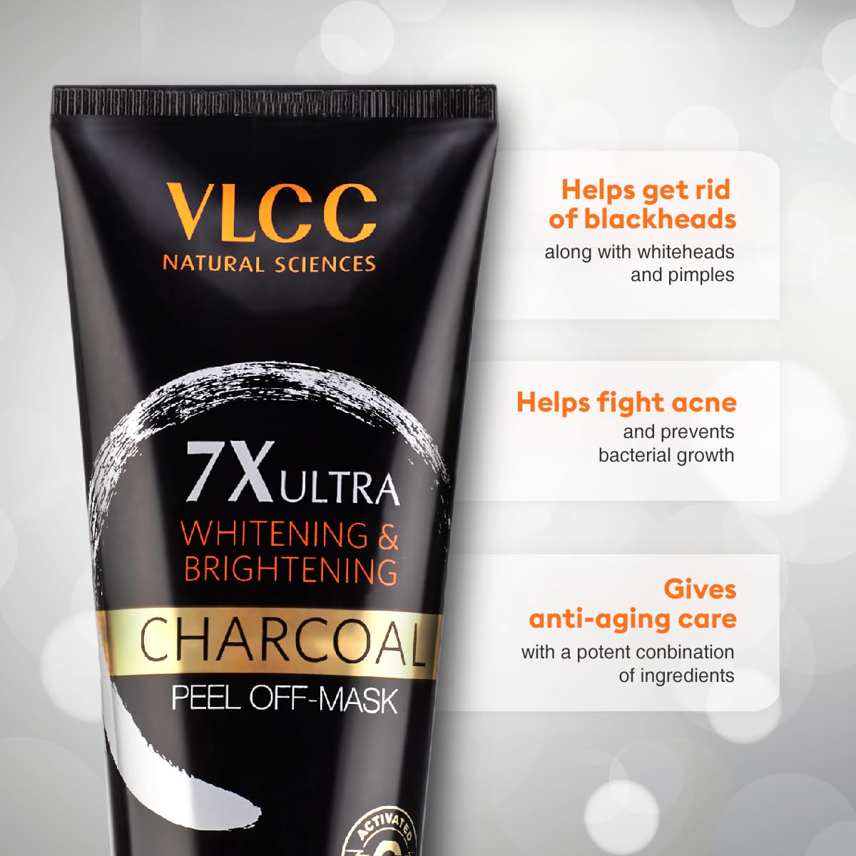 VLCC 7X Ultra Whitening & Brightening Charcoal Peel Off Mask - 100g X 2 | Vitamin E, & Lemon Peel Oil | Deep Cleanses & Reduces Blackheads, & Dark Spots