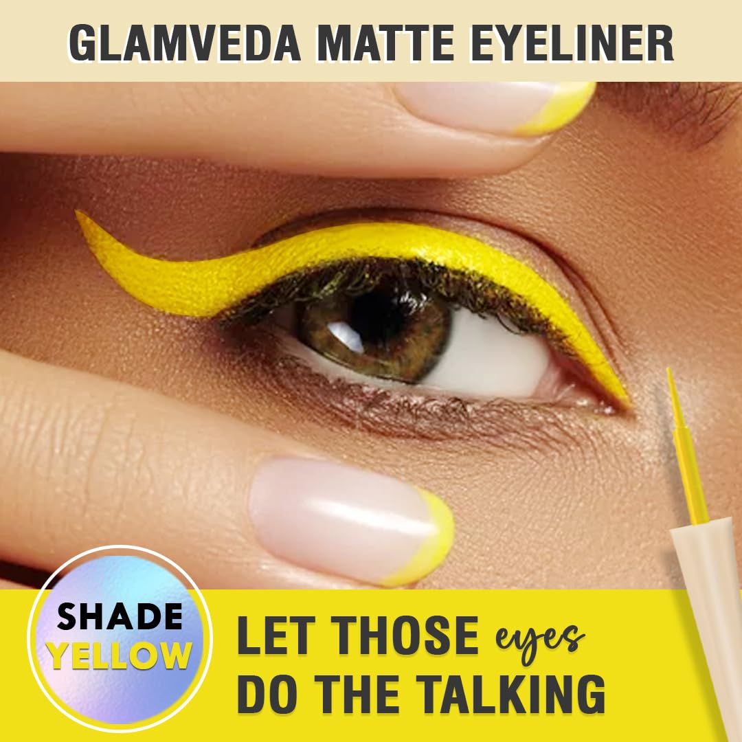 Glamveda Super Matte Liquid Eyeliner – Yellow, Smudge-Proof, Waterproof, Quick Drying | 24-Hour Long Stay | Smooth Application | Bold, Clean, Smudge-Free Look