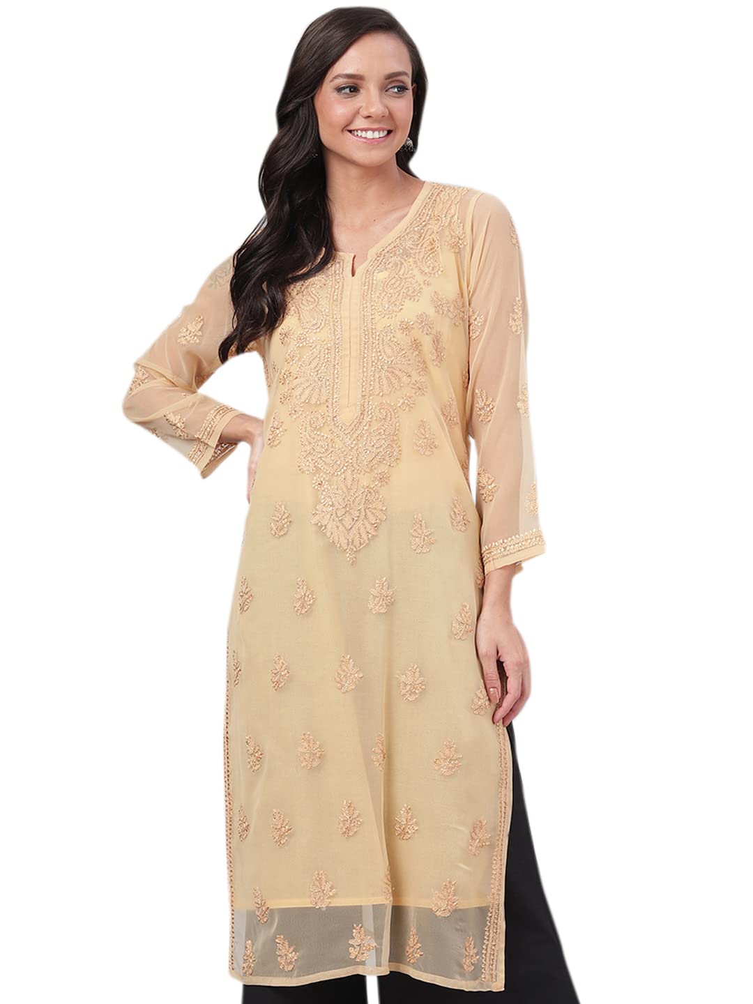 Ada Lucknowi Hand Embroidered Chikankari Women's  Georgette Kurta Kurti with Slip