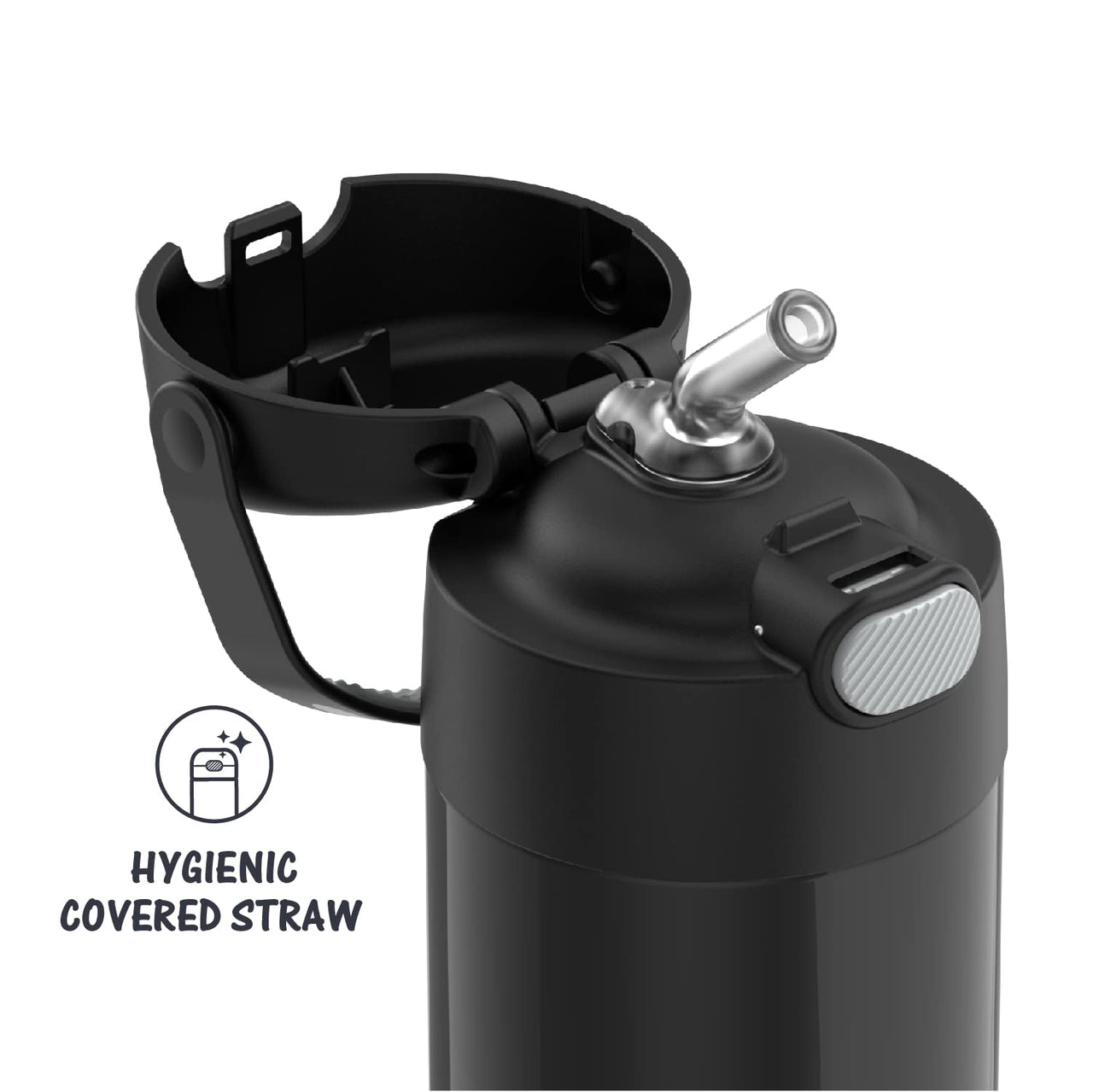 THERMOS FUNTAINER Water Bottle with Straw - 12 Ounce, Black - Kids Stainless Steel Vacuum Insulated Water Bottle with Lid FUNTAINER 12 Ounce Bottle