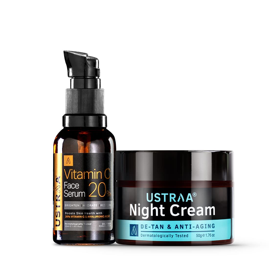 Ustraa Bright Skin Combo - 20% Vitamin C Face Serum with Hyaluronic acid 30ml & Night Cream with Niacinamide 50g, Dermatologically Tested For Skin Brightening