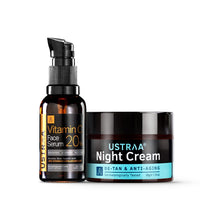 Ustraa Bright Skin Combo - 20% Vitamin C Face Serum with Hyaluronic acid 30ml & Night Cream with Niacinamide 50g, Dermatologically Tested For Skin Brightening