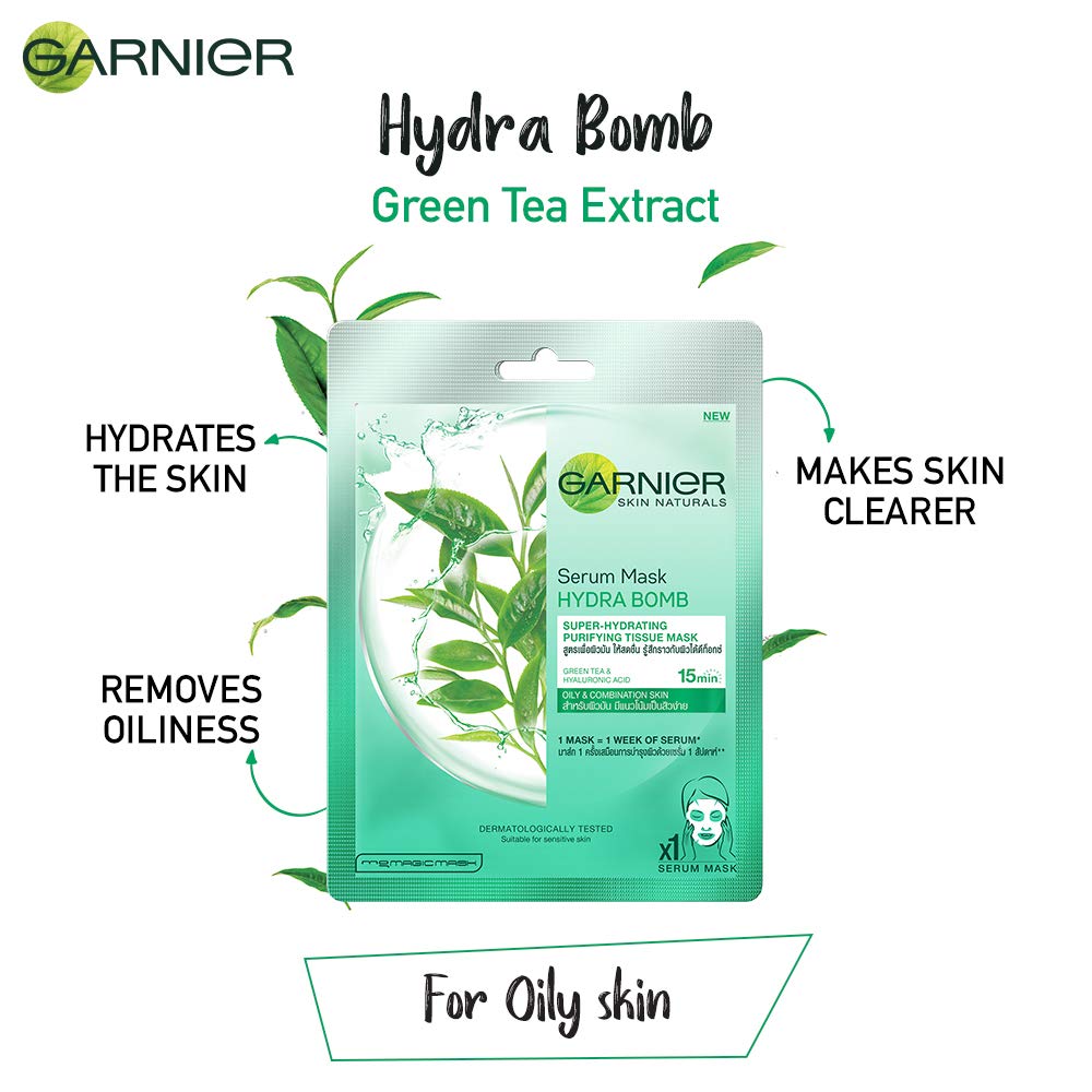 Garnier Skin Naturals, Green Tea, Face Serum Sheet Mask Green, 32g And Garnier Skin Naturals, Sakura White, Face Serum Sheet Mask (Pink, 32g)