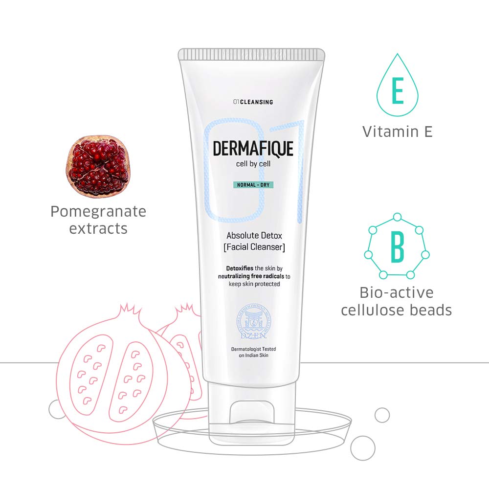 Dermafique Absolute Detox Facial Cleanser – 100ml, with Bio-Active Cellulose Beads, Face Wash Enriched with Vitamin E & Pomegranate Extracts | Soap, Paraben & Alcohol Free | Dermatologist Tested Face Cleanser