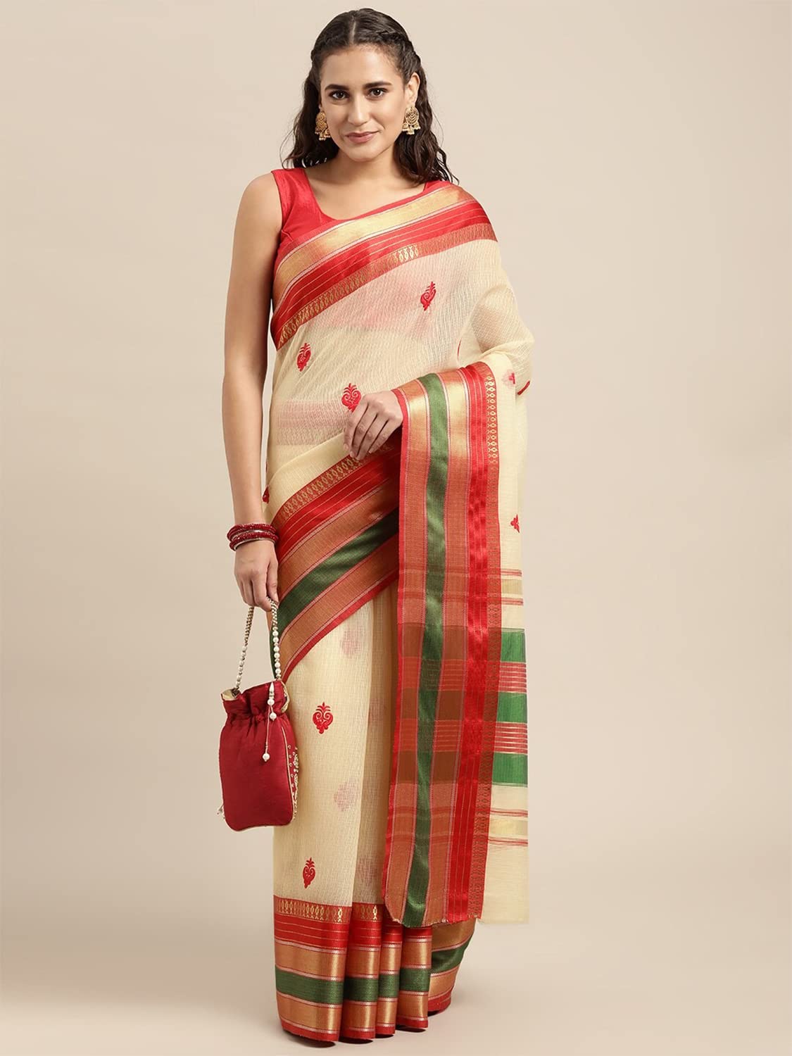 leeza store Women's  Jacquard Dobby Butta Butti Rich Kota Doria Cotton Silk Saree With Blouse Piece Green