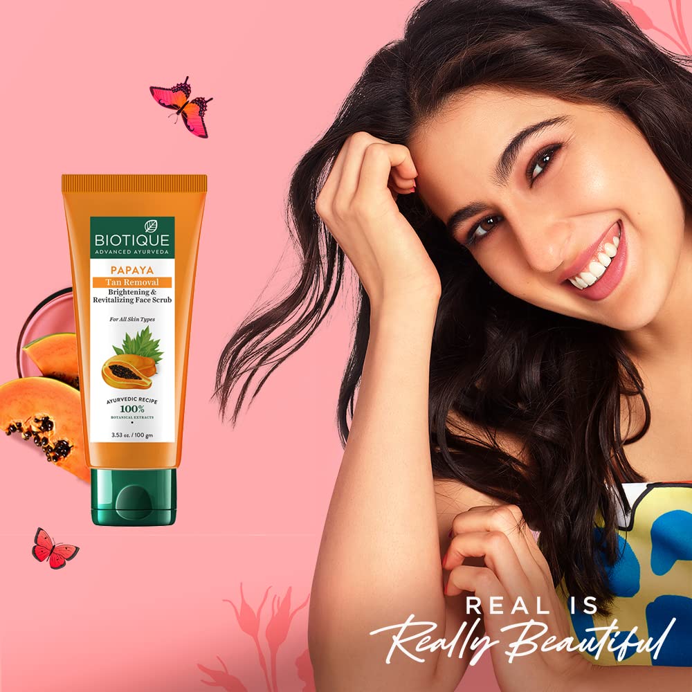 Biotique Papaya Tan Removal Brightening & Revitalizing Face Scrub | Gentle Exfoliation | Smooth and Clear Complexation | 100% Botanical Extracts| Suitable for All Skin Types | 100g (Pack of 3)