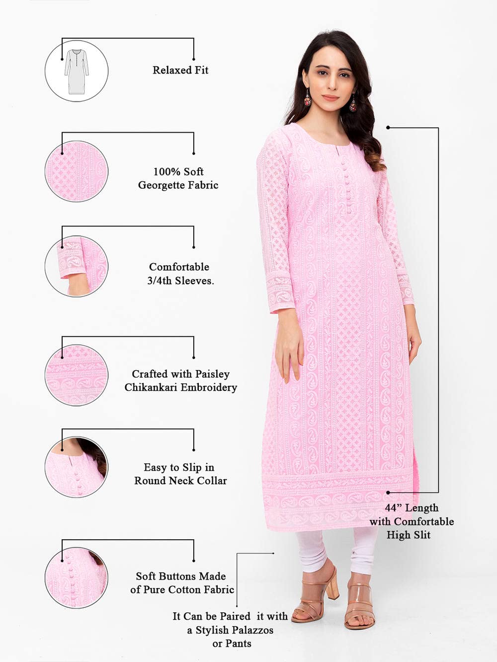 ZOLA Exclusive Georgette Round Neck with Full Sleeves and Calf Length Luckhnowi Chikan Kari Kurta with Button Placket on Yolk Ethnic Wear Straight Kurta for Women Pack of 1