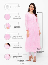 ZOLA Exclusive Georgette Round Neck with Full Sleeves and Calf Length Luckhnowi Chikan Kari Kurta with Button Placket on Yolk Ethnic Wear Straight Kurta for Women Pack of 1