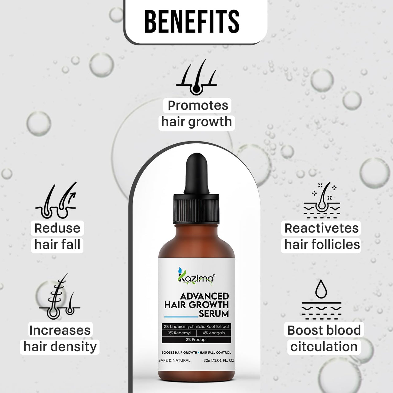 KAZIMA Advanced Hair Growth Serum | 3% Redensyl, 4% Anagain, 2% Procapil, 2% Lindera Strychnifolia, Rosemary & Black Rice Extract | Hair Growth & Hair Fall Control Serum | Boosts Hair Density | 30 ml