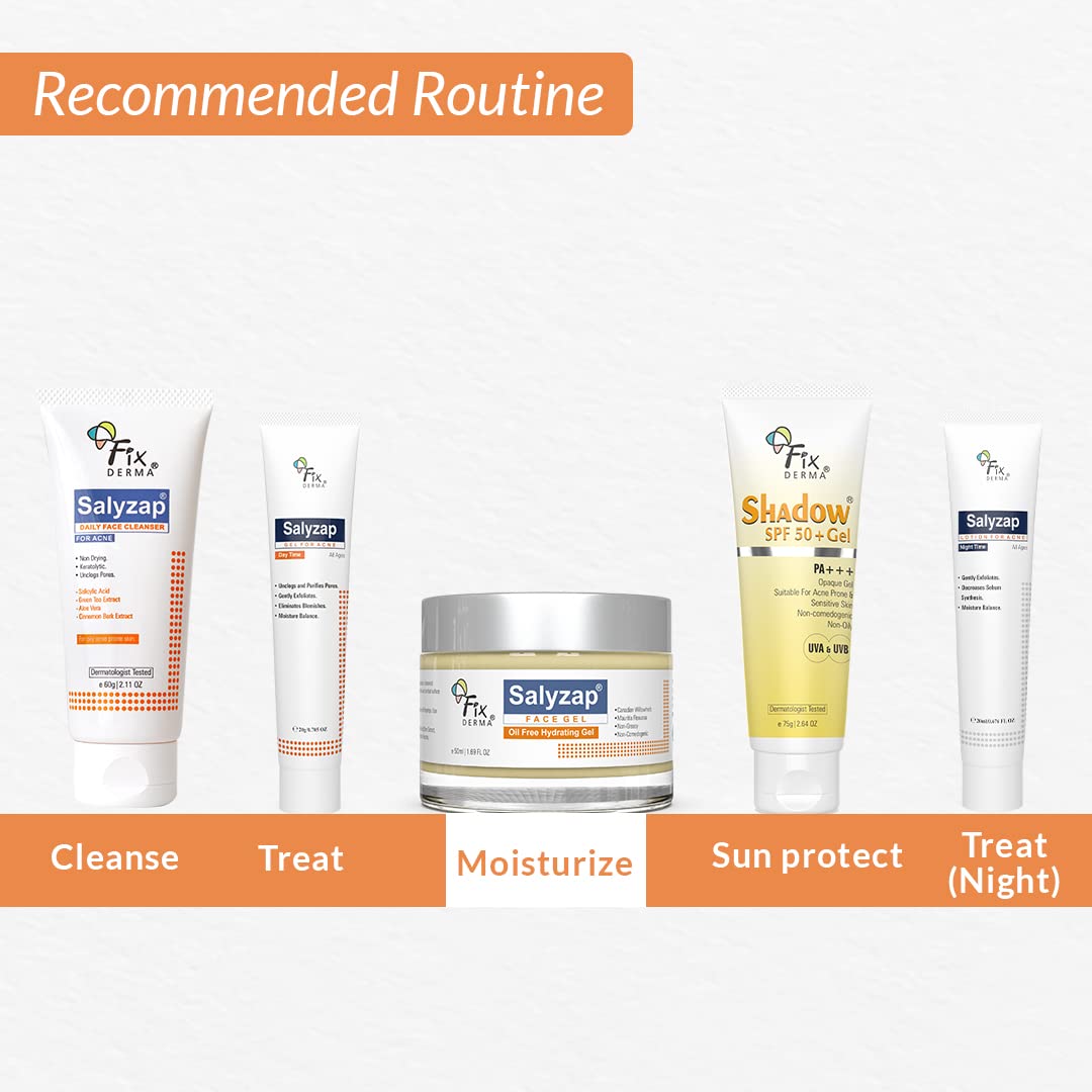 Fixderma Salyzap Face gel, Oil free hydrating gel, Deep Moisturization, Moisturizer for acne prone skin, Soothes acne and redness, non-comedogenic, non-greasy gel, Dermatologist tested - 50ml