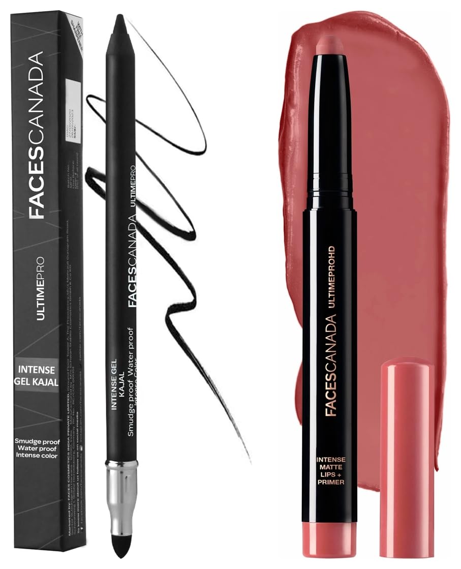 FACESCANADA Ultime Pro HD Intense Matte Lips + Primer - Tea Rose 10, 1.4G | 9Hr Long Stay & Ultime Pro Intense Gel Kajal 3-In-1 Kajal, Eyeliner, Smokey Eyeshadow, Pack Of 1