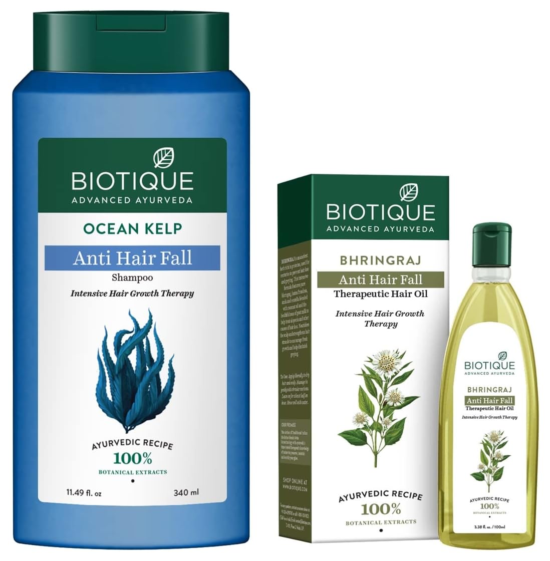 Biotique Bio Kelp Protein Shampoo for Falling Hair Intensive Hair Regrowth Treatment, 340ml & Biotique Bio Bhringraj Oil,100 ml