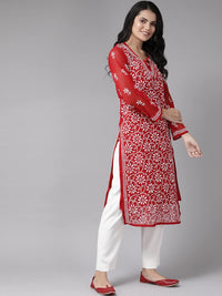 Ada Hand Embroidered Lucknowi Chikankari Women's  Faux Georgette Kurti Kurta with Slip A90361