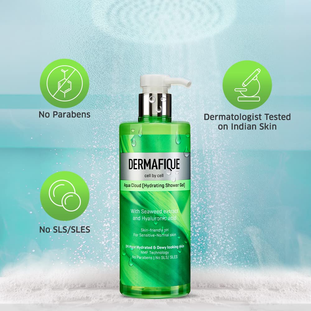 Dermafique Aqua Cloud Hydrating Shower Gel – 500ml, Body Wash for Women & Men, No Parabens/SLS/SLES,with Seaweed Extracts & Hyaluronic Acid, Suitable for Sensitive - Normal Skin | Dermatologist Tested
