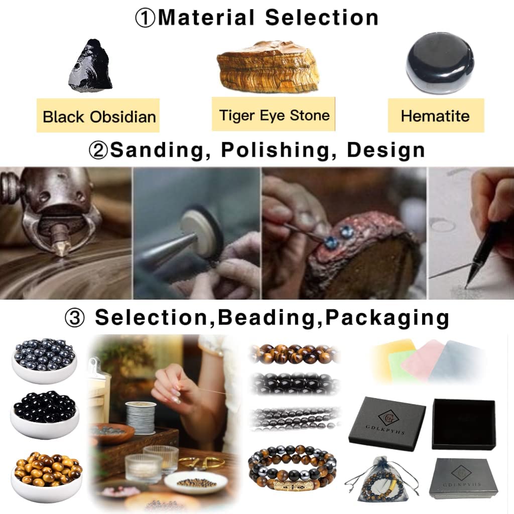 2Pcs Triple Protection Bracelet,Natural Tigers Eye Black Obsidian and Hematite 8 MM Beads Bracelet for Men Women Gift, Healing Crystal Bracelet Bring Luck and Prosperity and Happiness (Purple) Purple