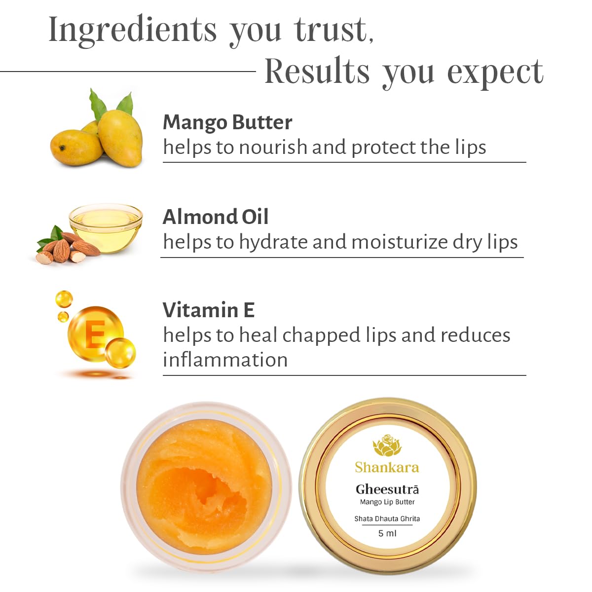 Shankara Gheesutrā Mango Lip Butter, Ayurvedic Lip Balm for Soothing Dry, Inflamed and Chapped Lips - Nourishment, Moisturizing and Hydration up to 12 Hours - 5 ml (Pack of 1)