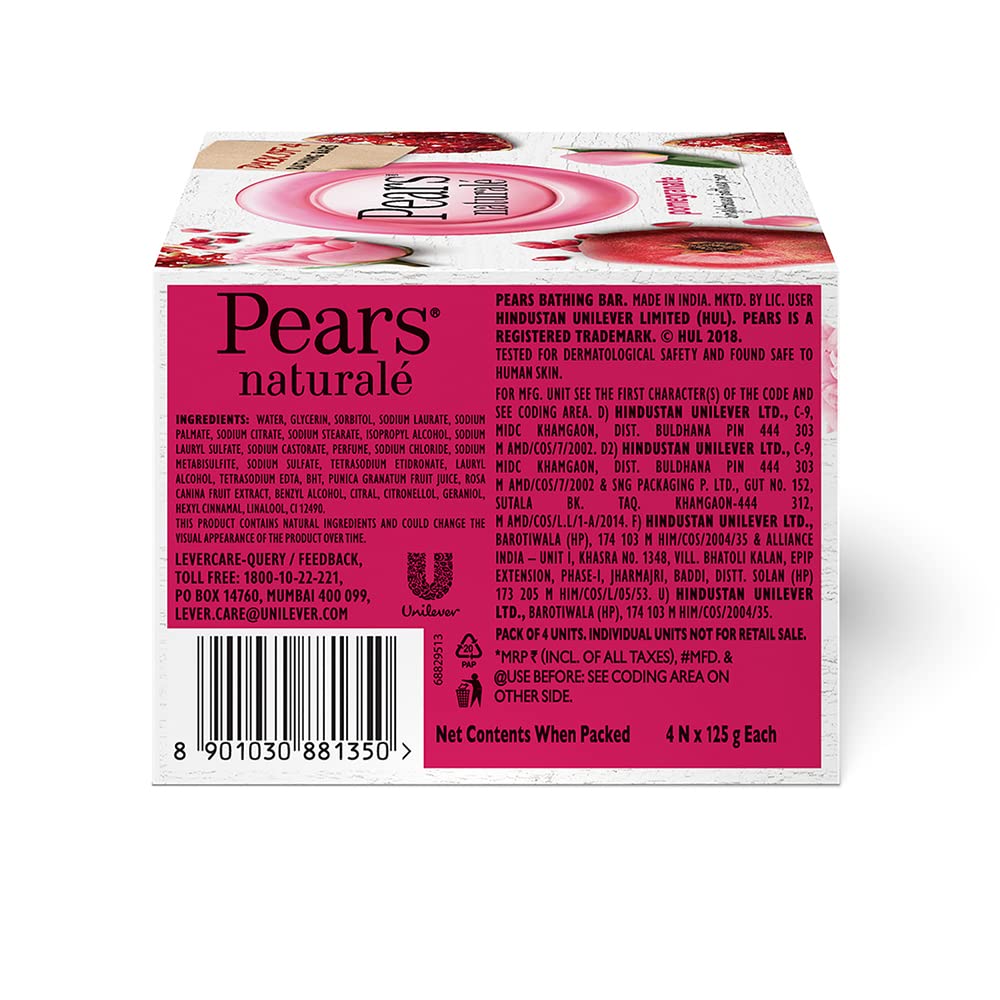 Pears Pure & Gentle Moisturising Bathing Bar Soap with Glycerine For Golden Glow 125g (Pack of 5) & Natural Pomegranate Brightening Bathing Soap Bar, 125 g (Pack of 4)