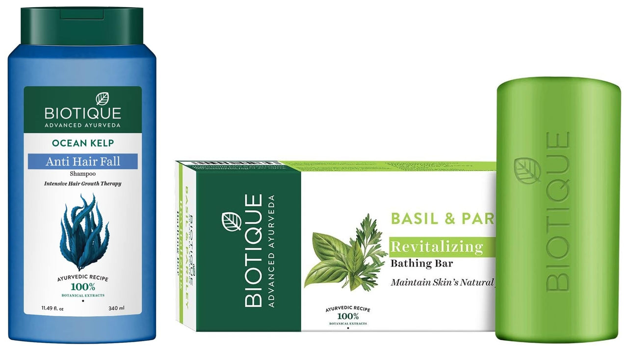 Biotique Bio Kelp Protein Shampoo for Falling Hair Intensive Hair Regrowth Treatment, 340ml & Biotique Basil And Parsley Revitalizing Body Soap, 150g