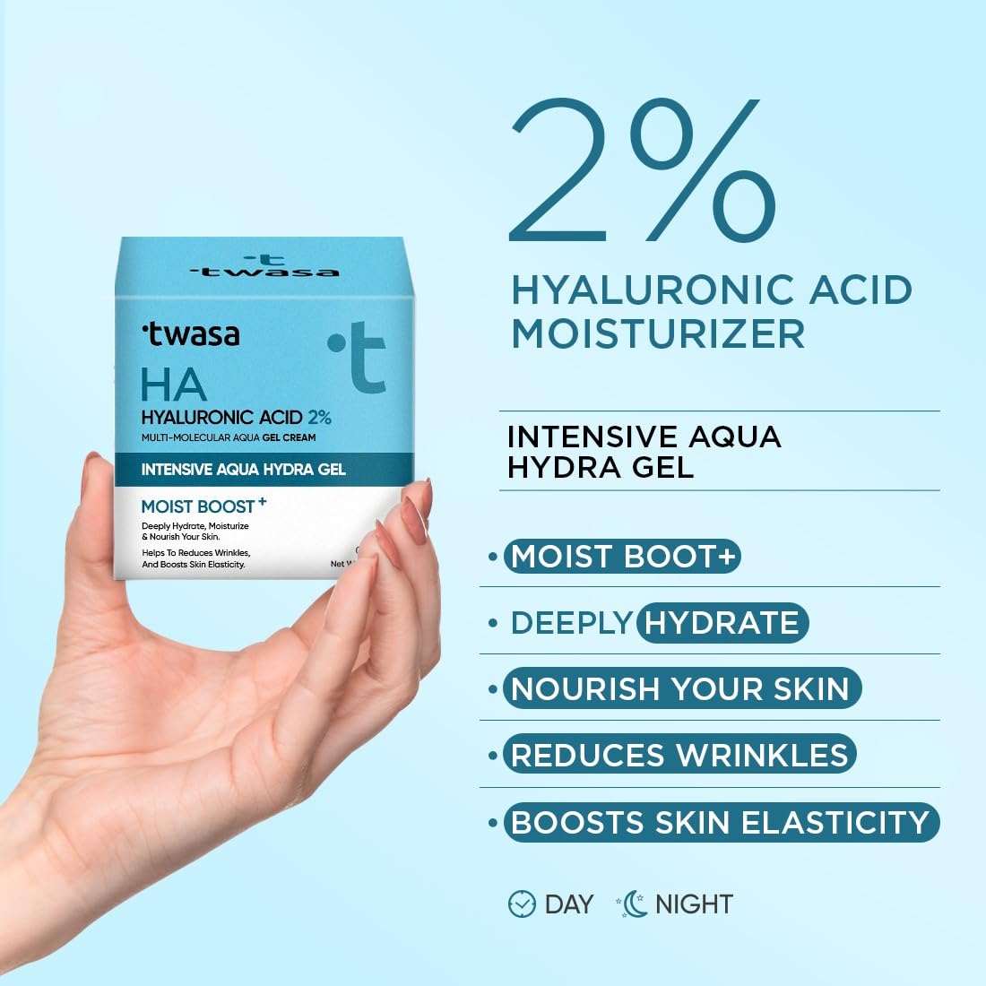 Twasa 2% Hyaluronic Acid Gel Cream 50g | Oil-Free, Non-Sticky, Light Water Gel for Fast Absorption & Intense Hydration | Long Lasting Hydration | For Dry Skin, Normal & Sensitive Skin