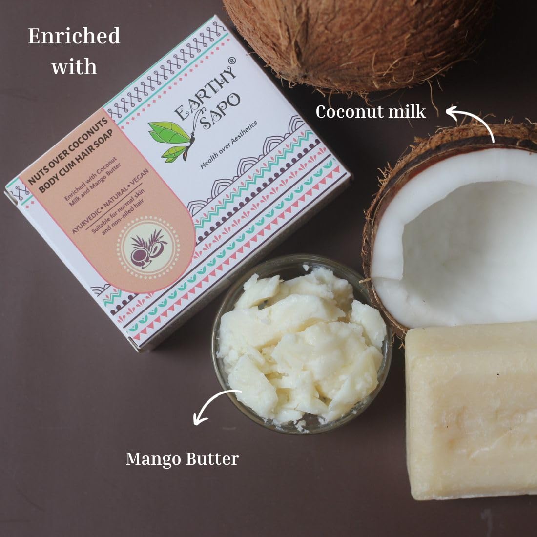 Earthy Sapo Handmade Nuts Over Coconuts Body and Hair Soap | Coconut Milk & Mango Butter Blend for Nourishing Skin and Hair Care | Multipurpose Use | 100g (Pack of 3)