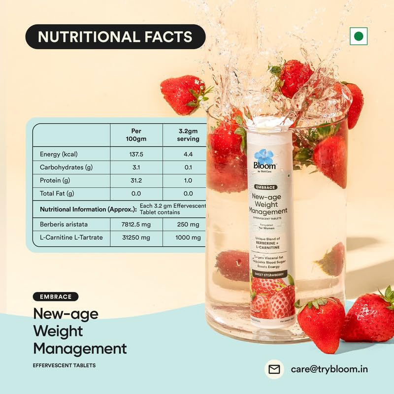 Bloom Berberine + L-Carnitine Effervescent Tablets | 60 Effervescent Tablets (Pack of 4) | Natural Formula for Weight Management | Turns Fat into Active Energy | Strawberry Flavour