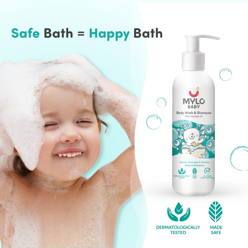 Mylo Baby Body Wash and Shampoo 200 ml | Gentle Cleansing Head-to-Toe | Tear Free Formulation | Made Safe Certified | Dermatologically Tested