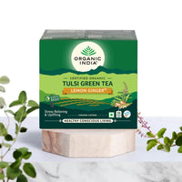 A TATA Product - Organic India Tulsi Green Tea Lemon Ginger - 50 Teabags, Herbal Blend with Green Tea, Tulsi, Lemon & Ginger, Supports Digestion, Refreshing Taste, Natural Ingredients