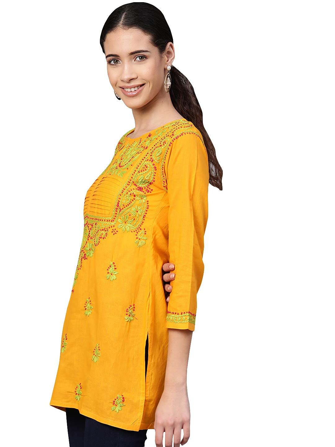 Ada Women's  Cotton Top Hand Embroidered Lucknowi Chikankari Tunic Kurti A226823 2XL Mustard