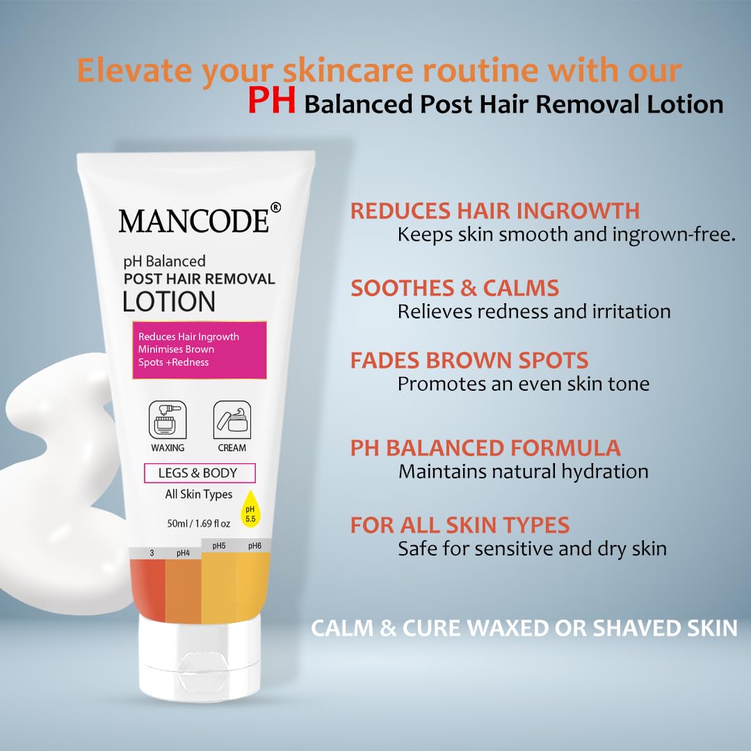 Mancode PH Balanced Post Hair Removal Lotion for Women & Men - 50ml | Reduces Ingrown Hairs, Minimises Brown Spots & Redness | Ideal After Waxing & Hair Removal Cream | Suitable for All Skin Types
