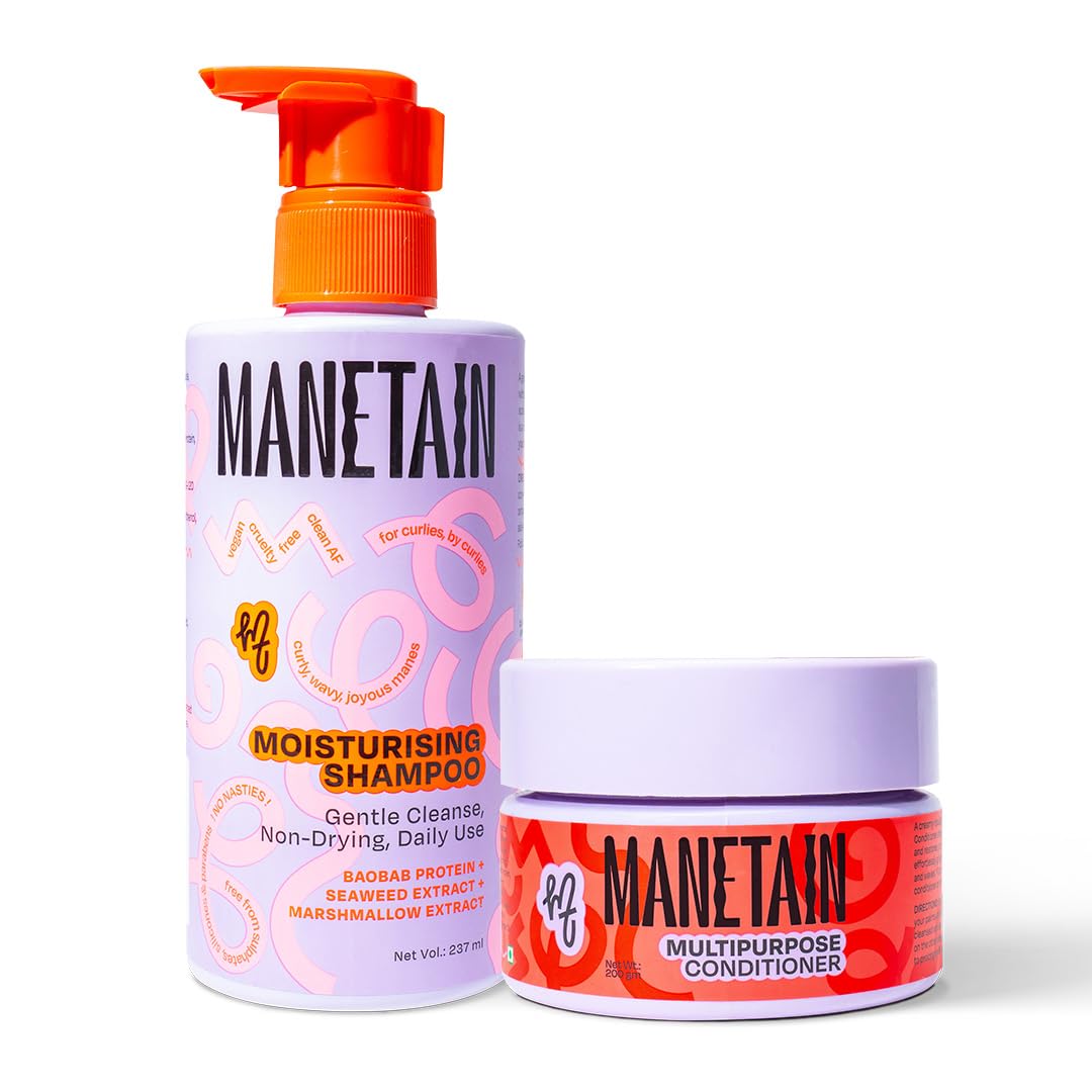 MANETAIN Beginner Basic Bundle | Moisturising Shampoo 237ml & Multipurpose Conditioner 200gm | Protein/Moisture Balanced for Curly, Wavy & Frizzy Hair | Frizz Control, Hydrating, Strengthening, Curl Enhancing | CG Friendly