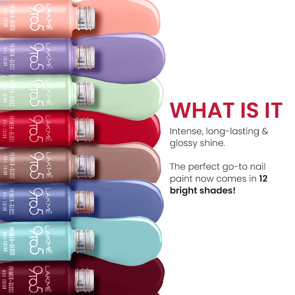 Lakmé 9to5 P+G Nail Color AppleBlossom 6ml & Lakmé 9 To 5 Primer + Glossy Finish Nail Colour Combo