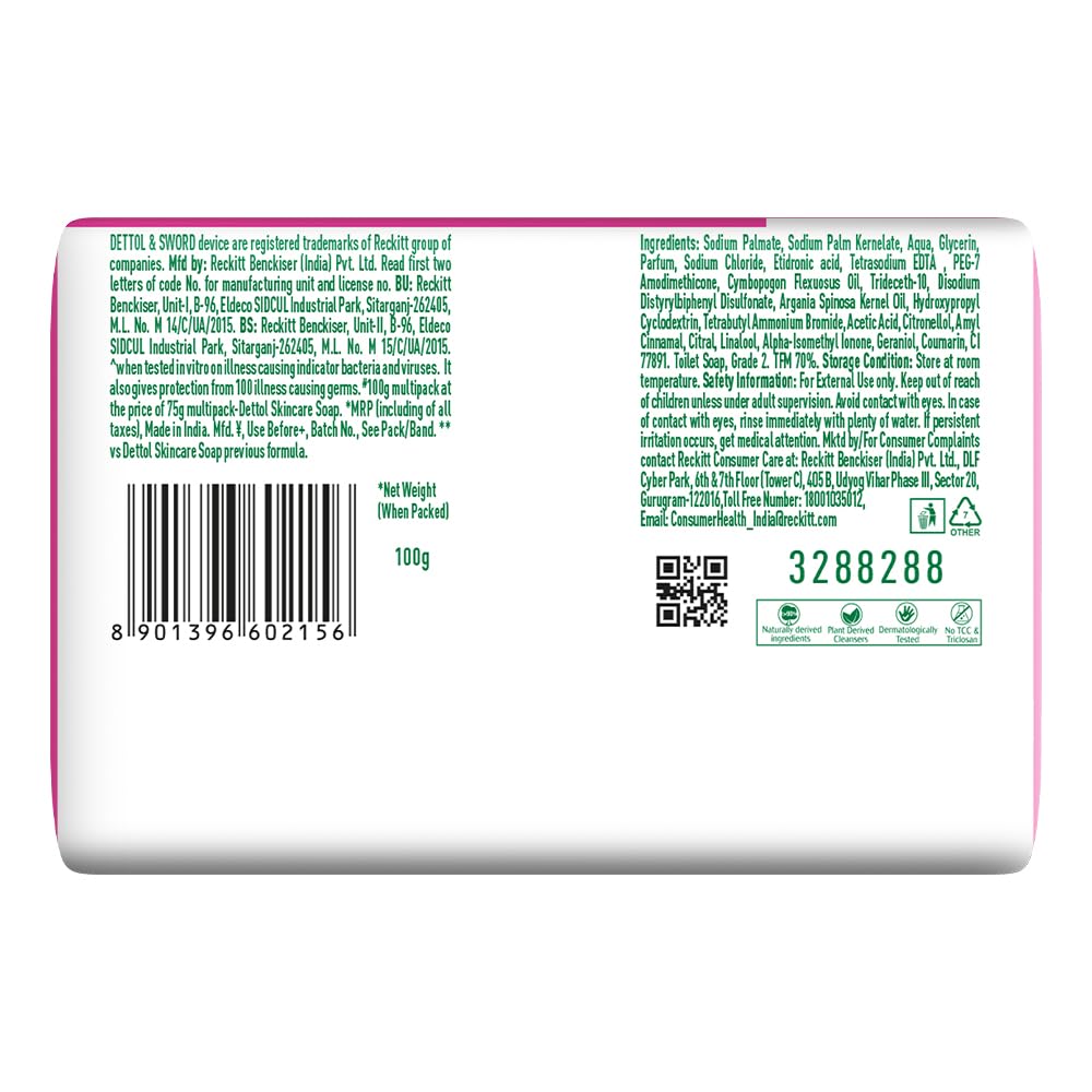 Dettol Skincare Moisturizing Beauty Bathing Soap Bar with Argan Oil (400gm) | Softer Skin, 100gm, Pack of 8