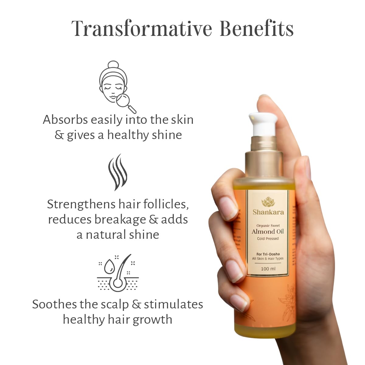 Shankara Organic Sweet Almond Oil, Cold-Pressed, Chemical-Free, Vitamin-Rich Moisturizer for Skin and Hair, Natural Almond Oil for Men and Women, 100ml