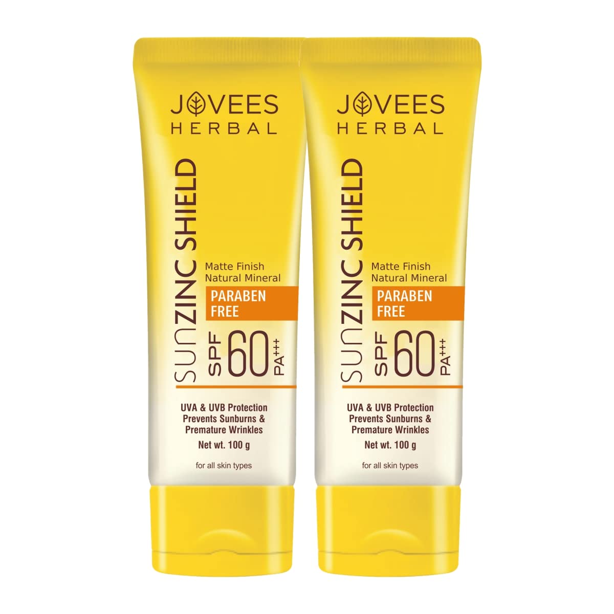 Jovees Herbal Sun Zinc Shield SPF 60 PA+++ Broad Spectrum | Matte Finish | Oil Free | UVA/UVB & Blue Light Protection | For All Skin Types 100g (Pack of 2)