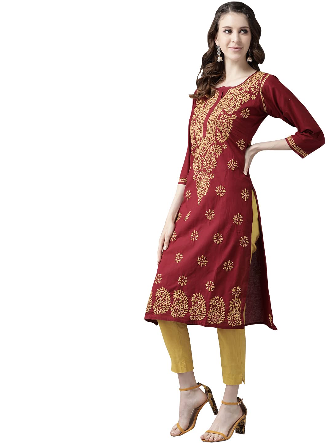 Ada Lucknowi Hand Embroidered Chikankari Straight Cotton Kurti Kurta for Women